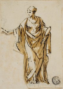 Figura femminile in piedi con la mano destra alzata