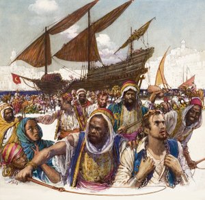 Prigionieri arabi condotti in catene dalle banchine, con dhow sullo sfondo da John Millar Watt