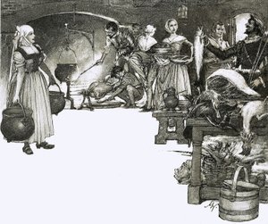Cucinare su un fuoco aperto in una cucina elisabettiana da John Millar Watt