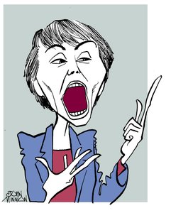 Camille Paglia - caricatura con bocca aperta da John Minnion