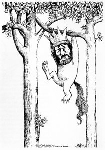 Oliver Knussen - caricatura appesa ad un albero con corona - compositore e direttore d