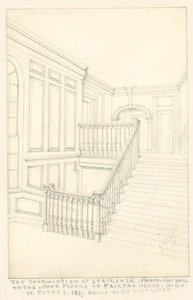 La continuazione della scala, dalla sala ai piani superiori, di Fairfax House, High Street, Putney, 1887 da John Phillipp Emslie