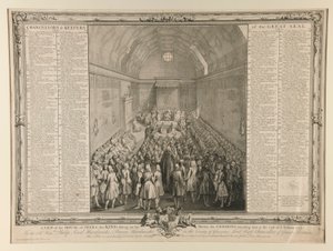 Veduta della Camera dei Lord, il re seduto sul trono, i Comuni che lo assistono alla fine della sessione 1741/2 da John Pine