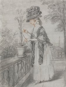 Signora su una terrazza che cura una pianta di garofano da John Raphael Smith