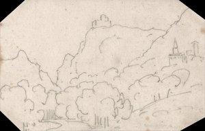 Vista sulle montagne con edifici da John Robert Cozens