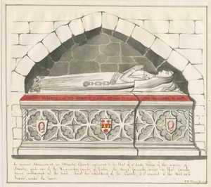 Chiesa di Uttoxeter - Tomba della Signora Badessa della Famiglia Kynnersley: disegno a penna e acquerello, nd [metà 19° sec] da John Robert Fernyhough