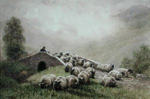 Ponte delle Highlands con pastore e gregge da John Robert Keitley Duff