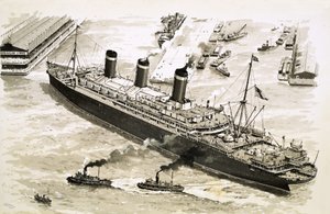 Il piroscafo Leviathan viene spinto dai rimorchiatori verso il molo del porto di New York. da John S. Smith