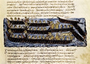 Una flotta russa, miniatura da "Synopsis historiarum", c.1126-1150 da John Scylitzes