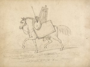 Un cavallo carico di attrezzature artistiche, che cammina verso sinistra