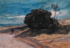Un pescatore su una riva del fiume vicino a un gruppo di alberi da John Sell Cotman