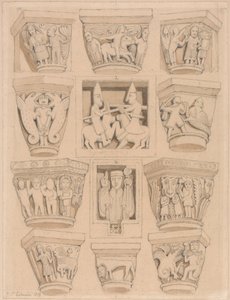 Capitelli e bassorilievi A & B nella chiesa abbaziale di Saint Georges de Bocherville, vicino a Rouen, Normandia da John Sell Cotman