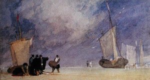 Figure sulla riva che scaricano una barca con la bassa marea