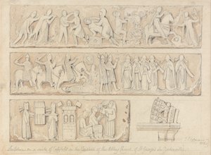 Scultura su una suite di capitelli nel chiostro della chiesa abbaziale di Saint Georges de Bocherville, vicino a Rouen, in Normandia da John Sell Cotman