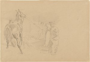 Uomo che tira un cavallo in una stalla, 1918