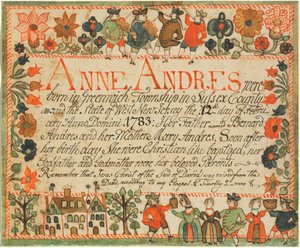 Certificato di nascita e battesimo di Anne Andres da John Spangenberg
