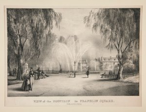 Veduta della fontana in Franklin Square, Philadelphia