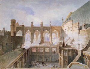 Vista della distruzione della Cappella di Santo Stefano, Palazzo di Westminster, Londra, 1834 da John Taylor