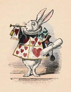 Un coniglio come funzionario di corte che suona una tromba per un annuncio da John Tenniel