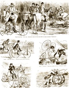 Un cartone che raffigura un uomo che caccia su un triciclo. Illustrato da John Tenniel (1820-1914) un illustratore inglese, umorista grafico e vignettista politico da John Tenniel