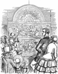 Alberto, principe consorte della regina Vittoria, che mostra il Crystal Palace e la Grande Esposizione a Hyde Park, Londra. Caricatura di John Tenniel da Punch, Londra, 1851. Incisione su legno
