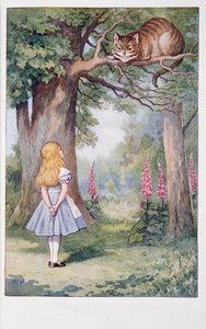 Alice e il gatto del Cheshire, Le avventure di Alice nel Paese delle Meraviglie e Attraverso lo specchio e quel che Alice vi trovò, di Lewis Carroll (1832 - 98), pubblicato nel 1911 (litografia colorata) da John Tenniel