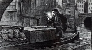 Cartone animato di John Tenniel che suggerisce al Parlamento di introdurre regolamenti di sicurezza per la gestione e il trasporto di esplosivi dopo la distruzione di una chiatta che trasportava polvere da sparo sul Regent