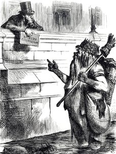 Cartone animato che commenta la sporcizia del Tamigi e le indagini sulla corruzione durante le elezioni a Great Yarmouth, Reigate e Lancaster da John Tenniel