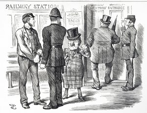 Cartone animato che commenta le richieste per rendere obbligatorio un sistema di segnalazione a blocchi sulle ferrovie britanniche da John Tenniel