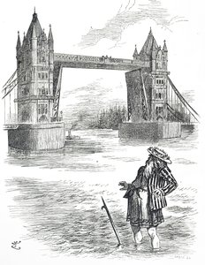 Cartone animato che raffigura Padre Tamigi che ammira il Tower Bridge, Londra da John Tenniel