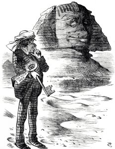 Cartone animato che raffigura il Primo Ministro Benjamin Disraeli che tiene il Canale di Suez come chiave per il possesso e l