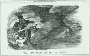 Effetti della combustione del Vecchio Re Carbone su Londra. La nebbia causava asma, bronchite, polmonite, pleurite, ecc. Vignetta di John Tenniel da Punch, Londra da John Tenniel