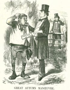 Grande manovra autunnale: Gladstone pensava che alla fine il voto dovesse essere dato ai lavoratori agricoli (Hodge). In quel momento il suo primo ministro era instabile e Disraeli aspettava di prendere il suo posto. Caricatura di John Tenniel da Punch, Lo da John Tenniel