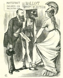 Hugh Childers (1827-1896) parlamentare britannico, che racconta a Britannia del successo della nuova urna elettorale. Caricatura di John Tenniel da 