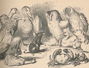 Illustrazione per il capitolo una Corsa Caucus e una lunga coda. Alice e varie creature da John Tenniel