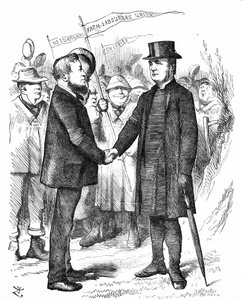 Joseph Arch (1826-1919) sindacalista, politico e lavoratore agricolo inglese. Fondatore del National Union of Farm Labourers. Arch saluta il vescovo di Manchester che ha sostenuto il sindacato in una lettera al Times. Cartone animato di John Tenniel da Pun da John Tenniel
