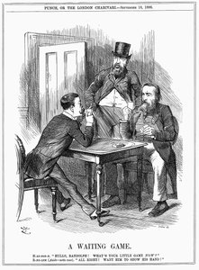 Lord Randolph Churchill (a sinistra) che cerca di far mostrare a Charles Stewart Parnell, politico irlandese, le sue carte e far sapere a Churchill e Hartington come userà i voti dei Parnelliti che comanda alla Camera dei Comuni. Caricatura di John Tenniel