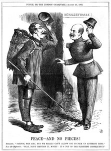 Napoleone III, Imperatore francese 1852-1870, vestito da straccivendolo, allontanato da Otto von Bismarck, il Cancelliere prussiano. Le ambizioni territoriali di Napoleone portarono alla guerra franco-prussiana del 1870-71. Vignetta di John Tenniel da Punc