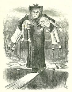Metti giù due e porta uno?: Gladstone, il primo ministro britannico, in un dilemma su quale dei controversi disegni di legge irlandesi abbandonare. Cartone animato di John Tenniel da Punch, Londra, 3 aprile 1886