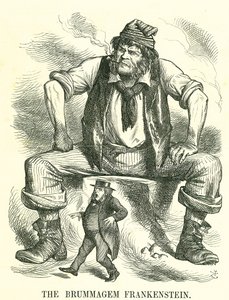 Il Frankenstein di Birmingham: Riforma del Parlamento - estensione del diritto di voto. John Bright a un incontro di riforma a Birmingham disse di non temere il suffragio universale maschile. Vignetta di John Tenniel da 