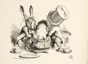 Il Cappellaio Matto e la Lepre Marzolina mettono il Ghiro nella Teiera, da Le Avventure di Alice nel Paese delle Meraviglie di Lewis Carroll, pub. 1891 da John Tenniel
