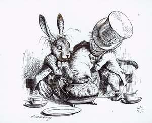 Il Cappellaio Matto e la Lepre Marzolina mettono il Ghiro nella teiera, illustrazione da 