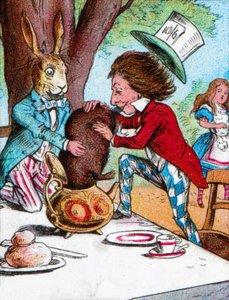 Il Cappellaio Matto e la Lepre Marzolina che cercano di mettere il Ghiro in una teiera da John Tenniel
