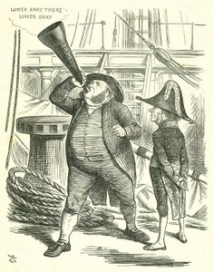Il Passeggero Ufficioso: Riforma del Parlamento - estensione del diritto di voto. Il Primo Ministro, Lord John Russell, chiede a John Bright di smettere di proclamare la Riforma. Russell sconfitto dal Parlamento sulla Riforma nel maggio 1866. John Tenniel  da John Tenniel