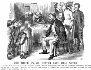 Le tre R, o, Meglio tardi che mai, vignetta da Punch, che mostra William Edward Forster come presidente di una scuola parlando agli alunni, marzo 1870 (incisione) da John Tenniel