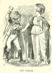 Due Forze: Lega della Terra Irlandese fuorilegge. Britannia protegge Hibernia (Irlanda) con la Forza della Legge contro la Forza dell