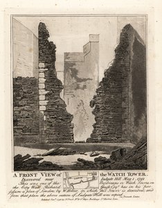 Vista frontale della Torre di Guardia o Barbican nelle Mura della Città scoperta vicino a Ludgate Hill, 1 maggio 1792