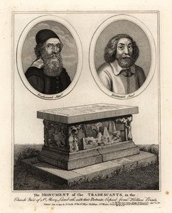 Ritratti ovali dei naturalisti e collezionisti John Tradescant il Vecchio e il Giovane, e il loro monumento funebre nel cimitero di St Mary Lambeth da John Thomas Smith