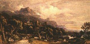 Paesaggio con castello e montagna