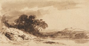 Paesaggio fluviale con due figure, lago e montagne lontane da John Varley